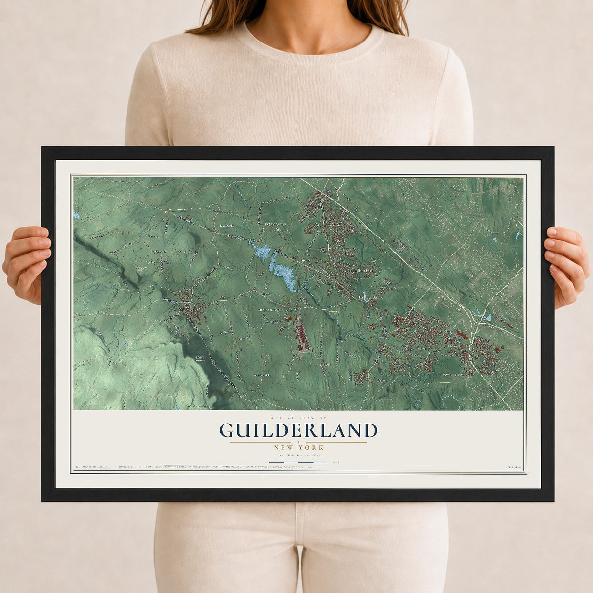 Guilderland, New York map print, 12" x 18" W/ Black Ayous Wood Frame mockup