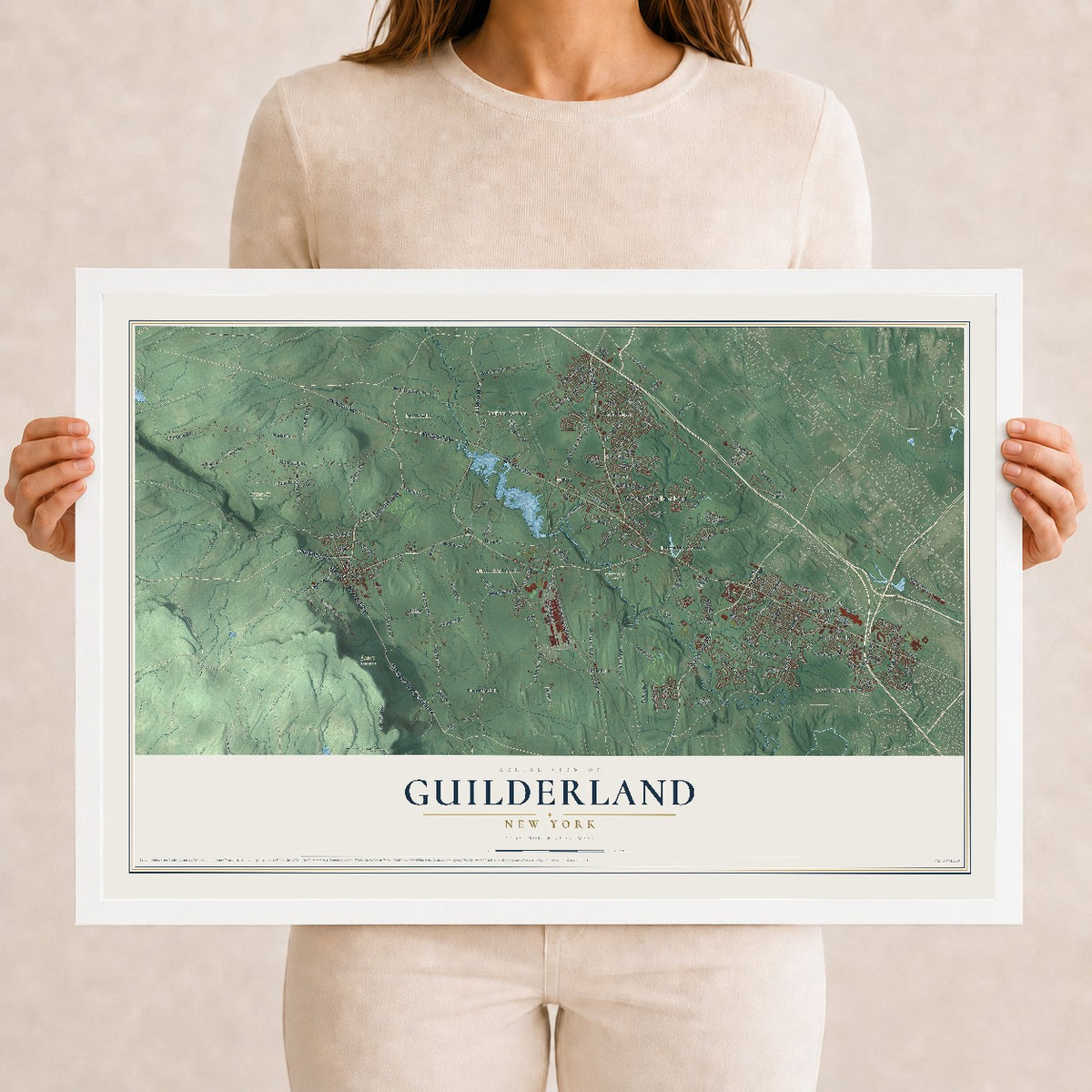 Guilderland, New York map print, 12" x 18" W/ White Ayous Wood Frame mockup