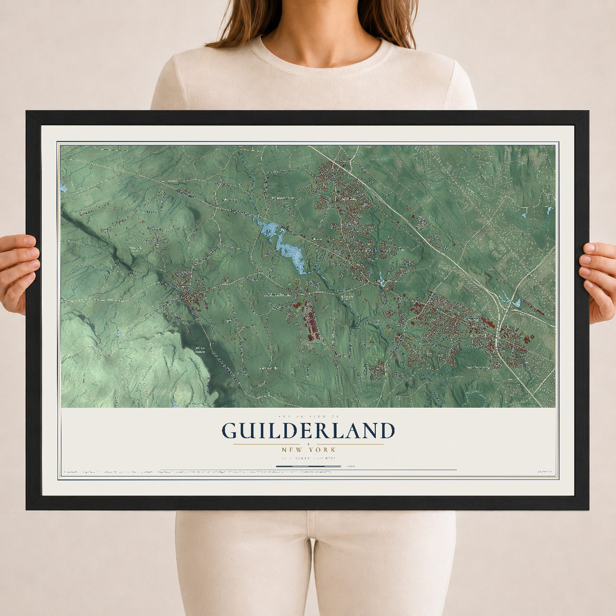 Guilderland, New York map print, 18" x 24" W/ Black Ayous Wood Frame mockup