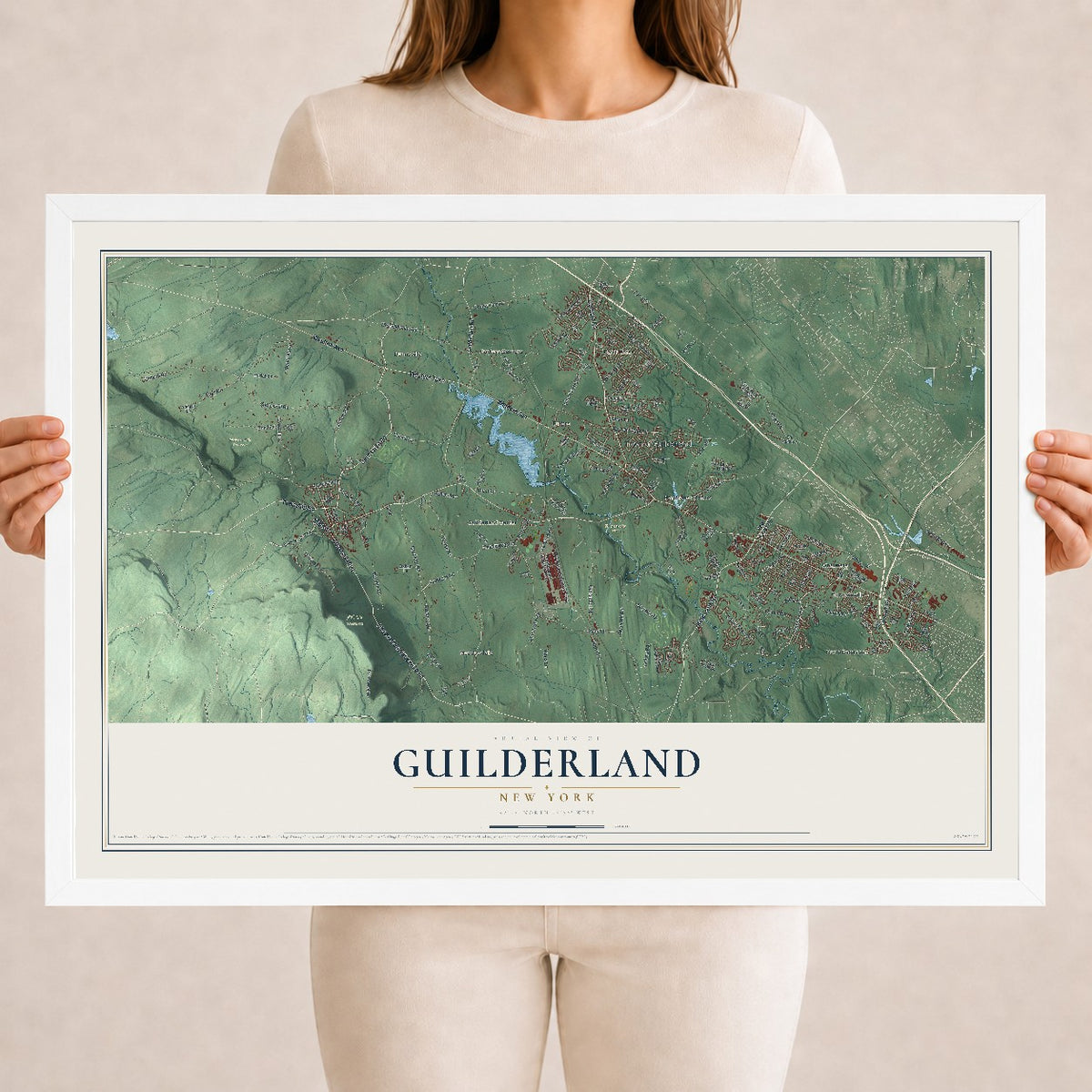Guilderland, New York map print, 18" x 24" W/ White Ayous Wood Frame mockup