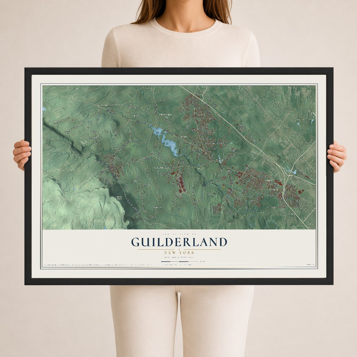 Guilderland, New York map print, 24" x 36" W/ Black Ayous Wood Frame mockup