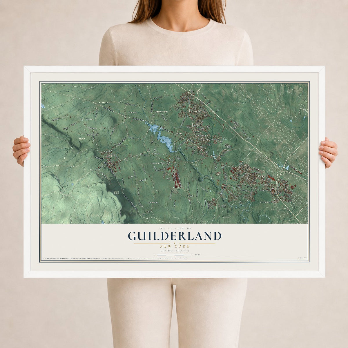 Guilderland, New York map print, 24" x 36" W/ White Ayous Wood Frame mockup