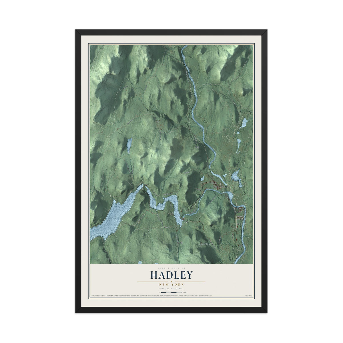 Hadley, New York map print, 12" x 18" W/ Black Ayous Wood Frame mockup