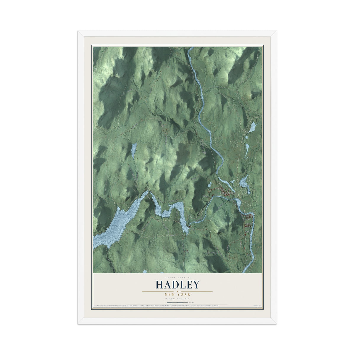 Hadley, New York map print, 12" x 18" W/ White Ayous Wood Frame mockup