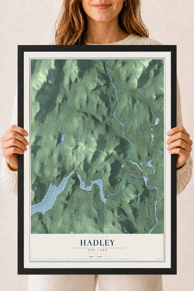 Hadley, New York map print, 18" x 24" W/ Black Ayous Wood Frame mockup