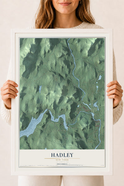 Hadley, New York map print, 18" x 24" W/ White Ayous Wood Frame mockup