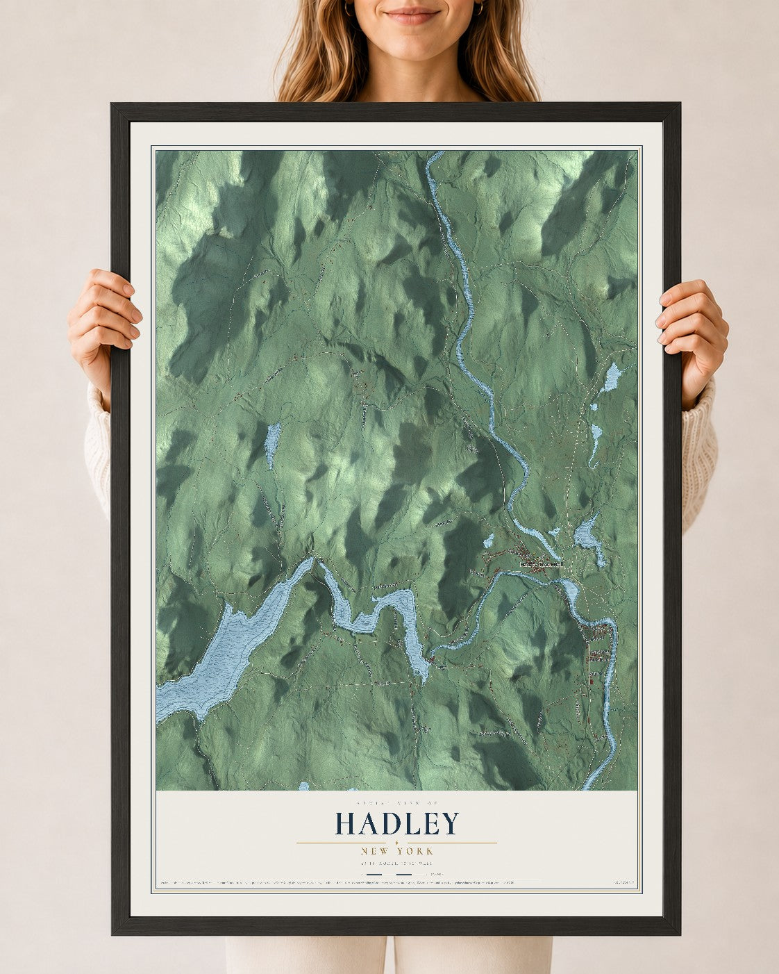 Hadley, New York map print, 24" x 36" W/ Black Ayous Wood Frame mockup
