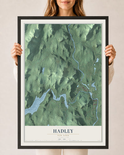 Hadley, New York map print, 24" x 36" W/ Black Ayous Wood Frame mockup