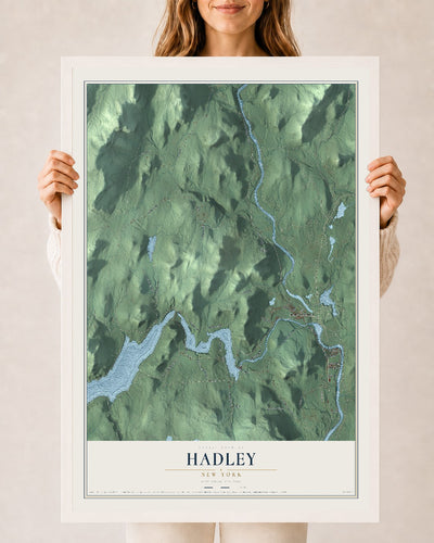 Hadley, New York map print, 24" x 36" W/ White Ayous Wood Frame mockup