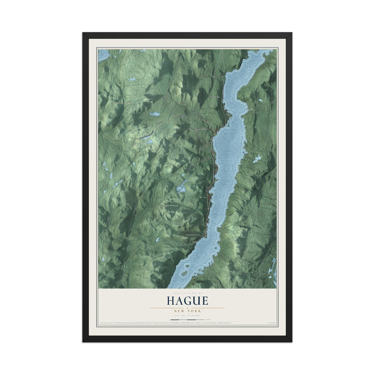 Hague, New York map print, 12" x 18" W/ Black Ayous Wood Frame mockup