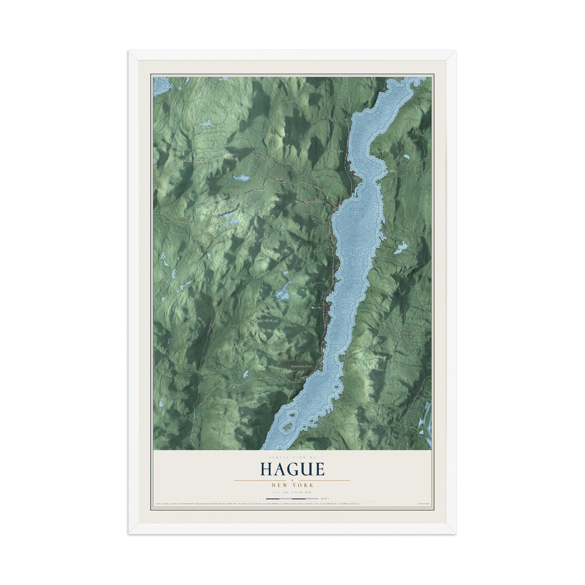 Hague, New York map print, 12" x 18" W/ White Ayous Wood Frame mockup