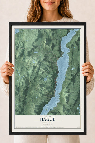 Hague, New York map print, 18" x 24" W/ Black Ayous Wood Frame mockup