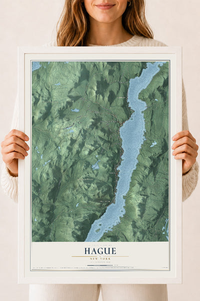 Hague, New York map print, 18" x 24" W/ White Ayous Wood Frame mockup