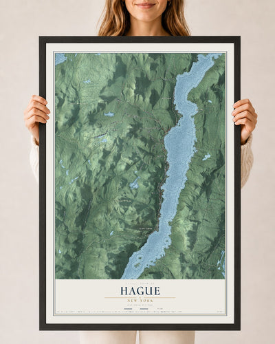Hague, New York map print, 24" x 36" W/ Black Ayous Wood Frame mockup