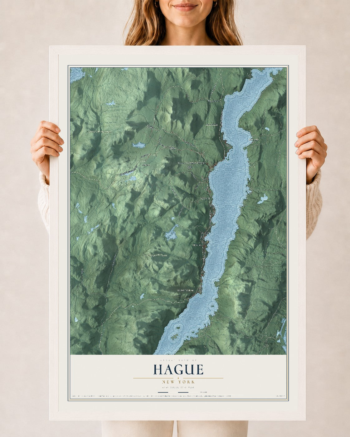 Hague, New York map print, 24" x 36" W/ White Ayous Wood Frame mockup