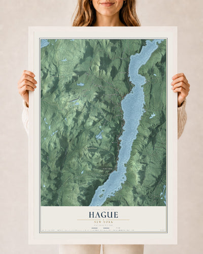 Hague, New York map print, 24" x 36" W/ White Ayous Wood Frame mockup