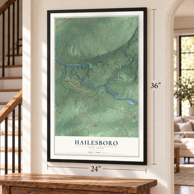 Hailesboro, New York map, 24 x 36 inch print in a black frame by a staircase