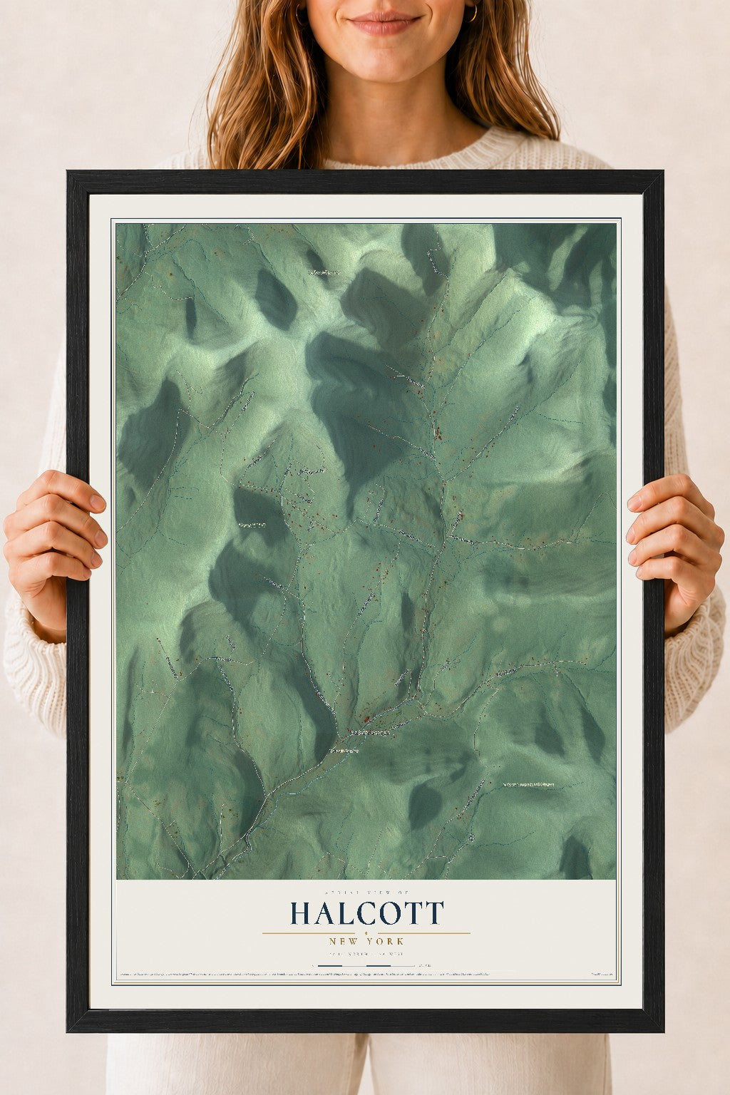 Halcott, New York map print, 18" x 24" W/ Black Ayous Wood Frame mockup