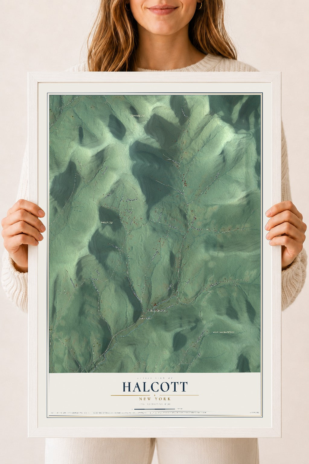 Halcott, New York map print, 18" x 24" W/ White Ayous Wood Frame mockup