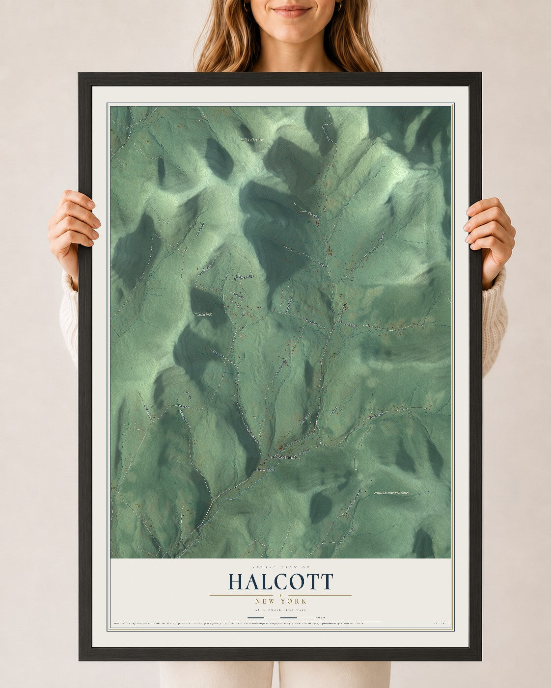 Halcott, New York map print, 24" x 36" W/ Black Ayous Wood Frame mockup
