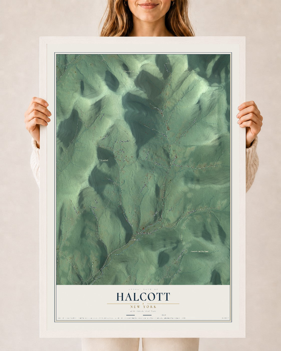 Halcott, New York map print, 24" x 36" W/ White Ayous Wood Frame mockup