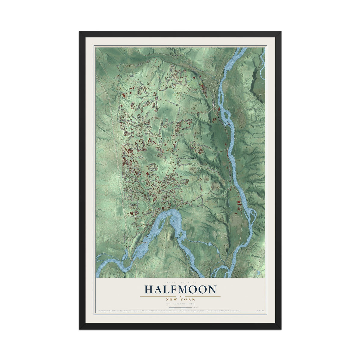 Halfmoon, New York map print, 12" x 18" W/ Black Ayous Wood Frame mockup