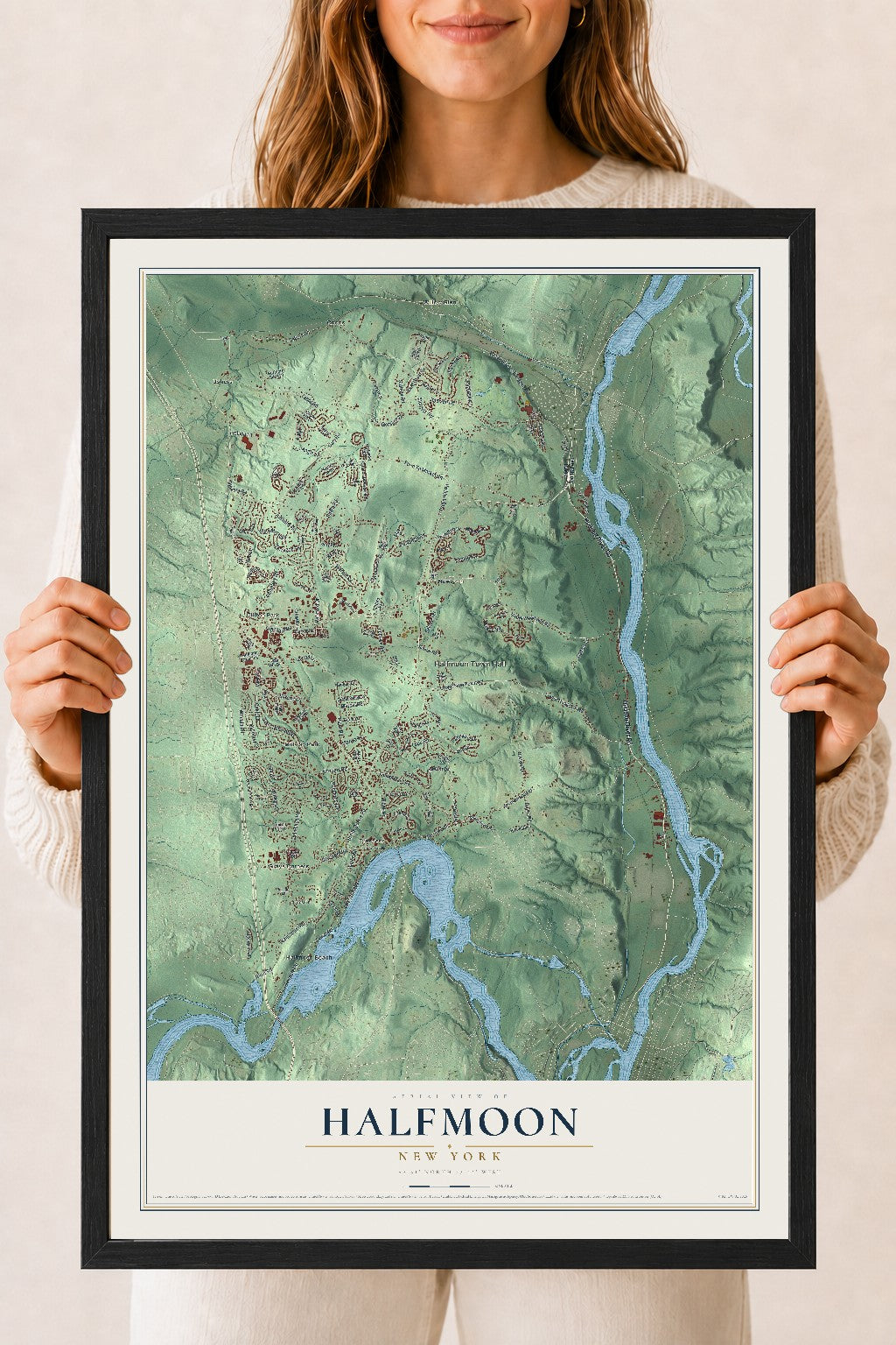 Halfmoon, New York map print, 18" x 24" W/ Black Ayous Wood Frame mockup