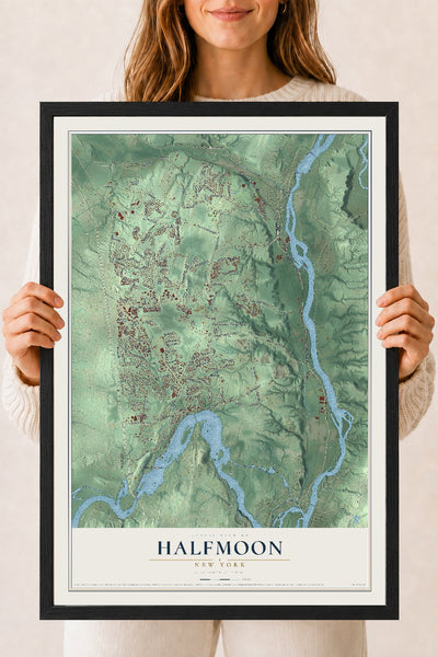 Halfmoon, New York map print, 18" x 24" W/ Black Ayous Wood Frame mockup