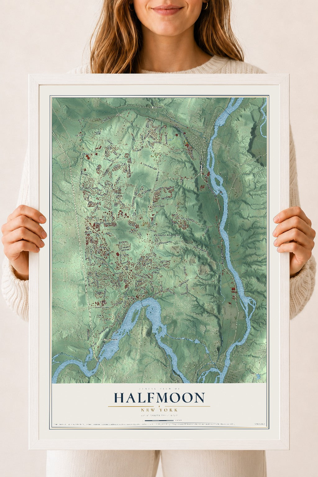 Halfmoon, New York map print, 18" x 24" W/ White Ayous Wood Frame mockup