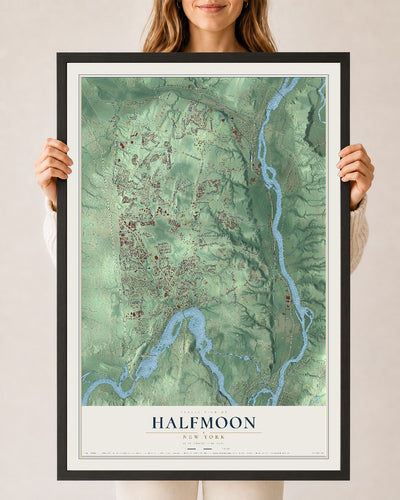Halfmoon, New York map print, 24" x 36" W/ Black Ayous Wood Frame mockup