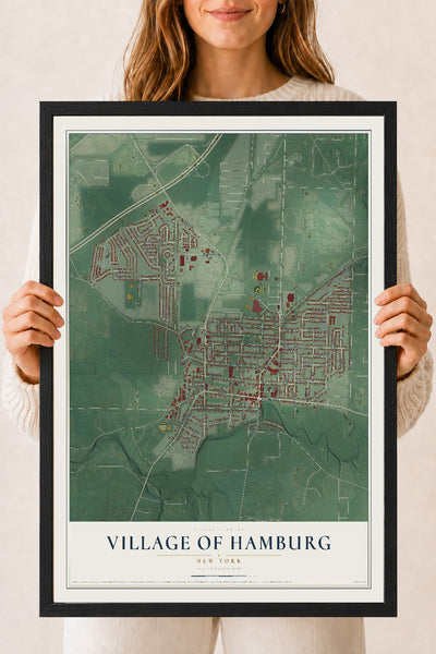 Hamburg, New York map print, 18" x 24" W/ Black Ayous Wood Frame mockup