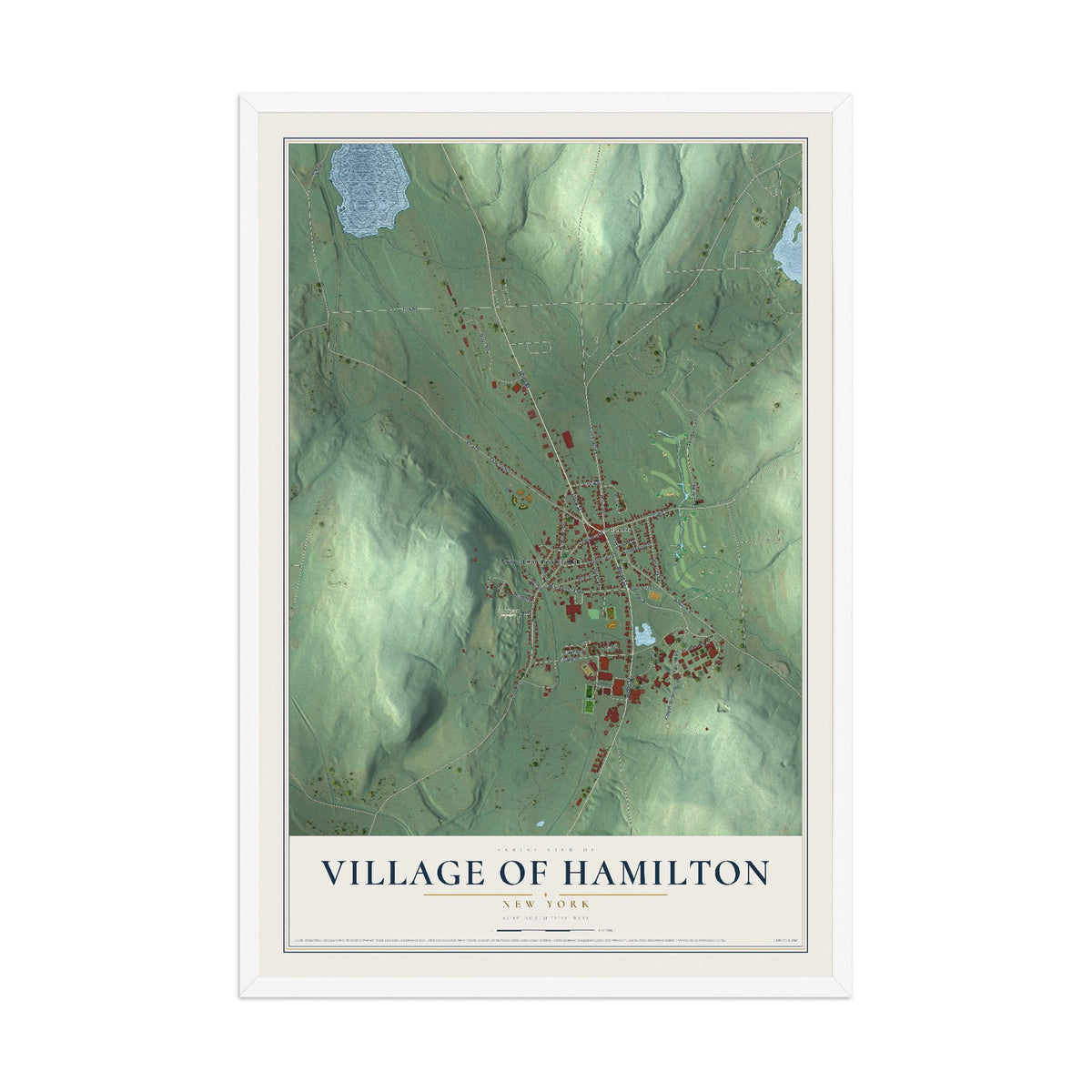Hamilton, New York map print, 12" x 18" W/ White Ayous Wood Frame mockup