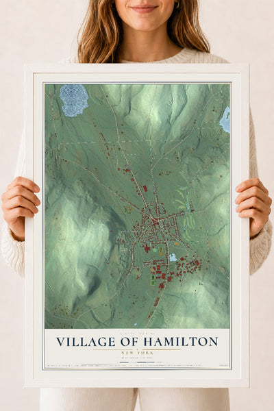 Hamilton, New York map print, 18" x 24" W/ White Ayous Wood Frame mockup