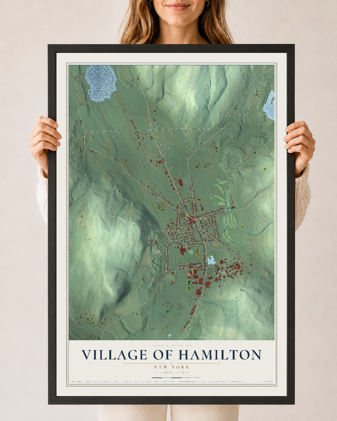 Hamilton, New York map print, 24" x 36" W/ Black Ayous Wood Frame mockup