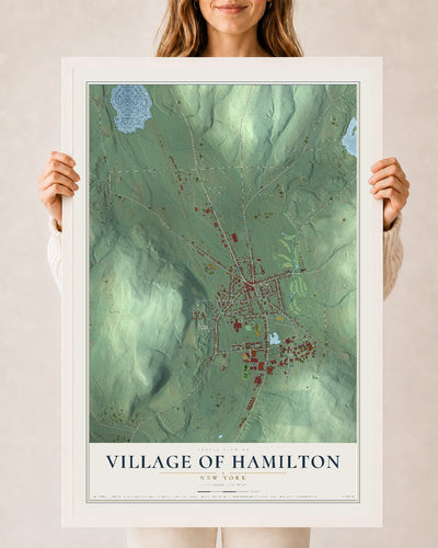 Hamilton, New York map print, 24" x 36" W/ White Ayous Wood Frame mockup