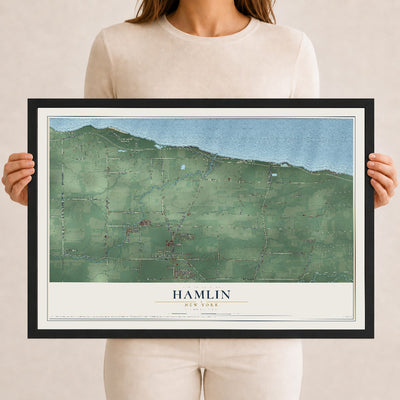 Hamlin, New York map print, 12" x 18" W/ Black Ayous Wood Frame mockup