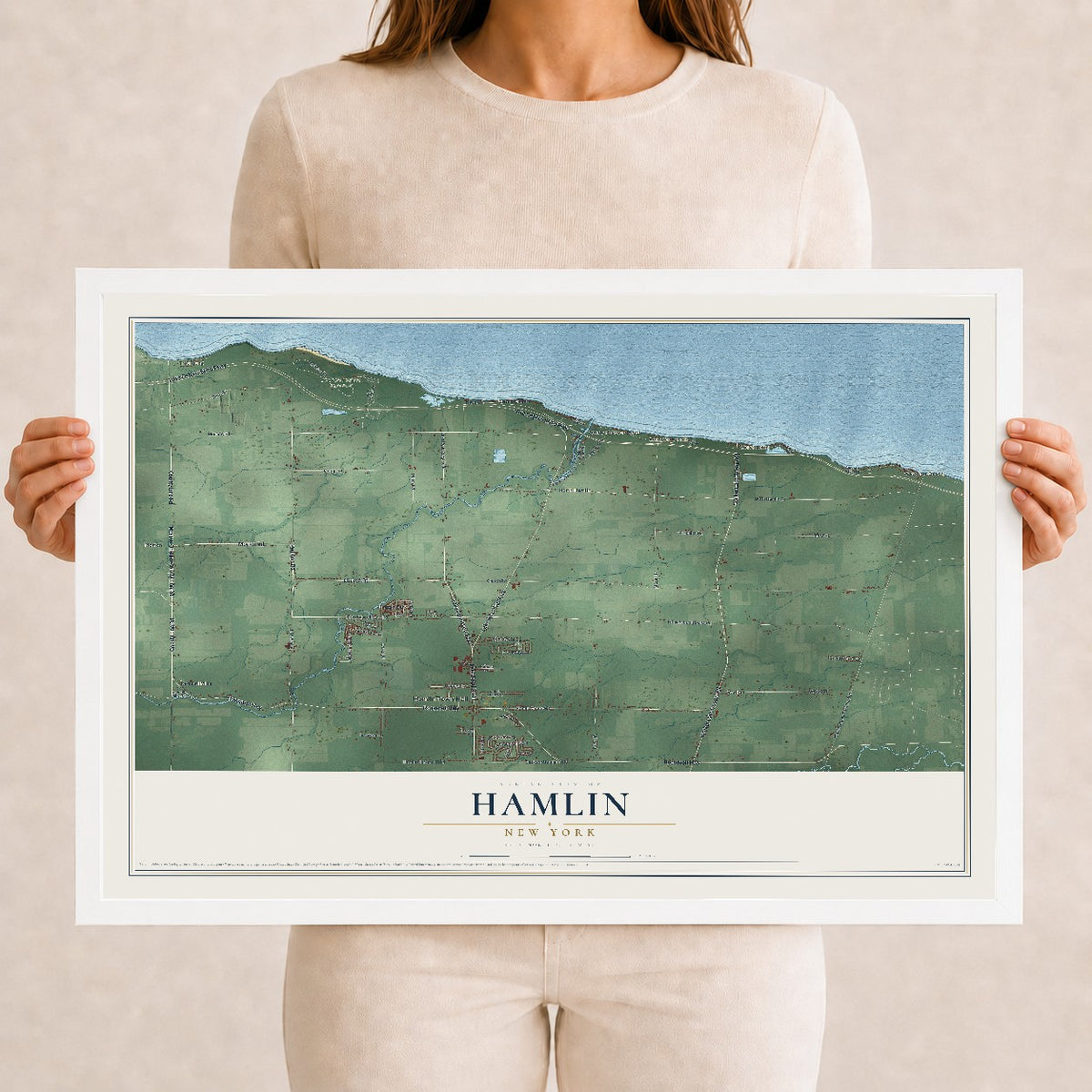 Hamlin, New York map print, 12" x 18" W/ White Ayous Wood Frame mockup