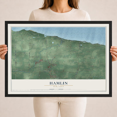 Hamlin, New York map print, 18" x 24" W/ Black Ayous Wood Frame mockup