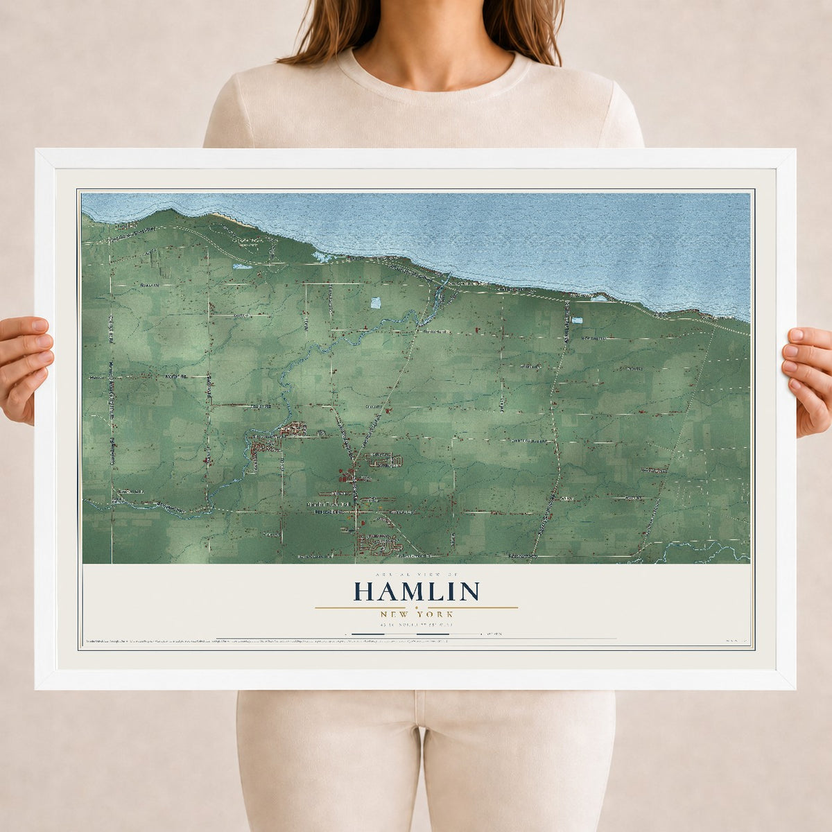 Hamlin, New York map print, 18" x 24" W/ White Ayous Wood Frame mockup