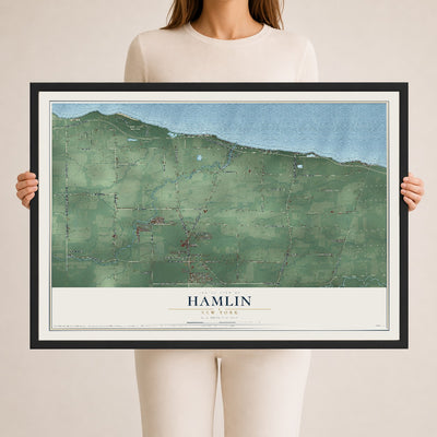 Hamlin, New York map print, 24" x 36" W/ Black Ayous Wood Frame mockup