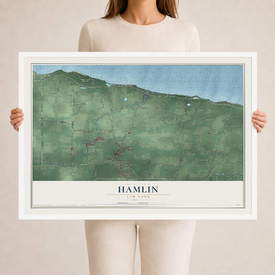 Hamlin, New York map print, 24" x 36" W/ White Ayous Wood Frame mockup