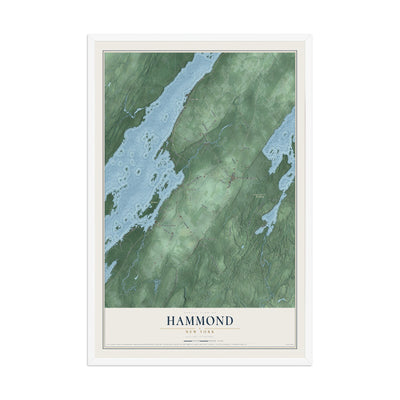 Hammond, New York map print, 12" x 18" W/ White Ayous Wood Frame mockup