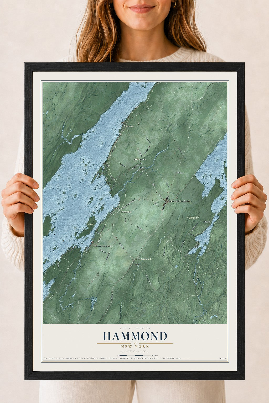 Hammond, New York map print, 18" x 24" W/ Black Ayous Wood Frame mockup