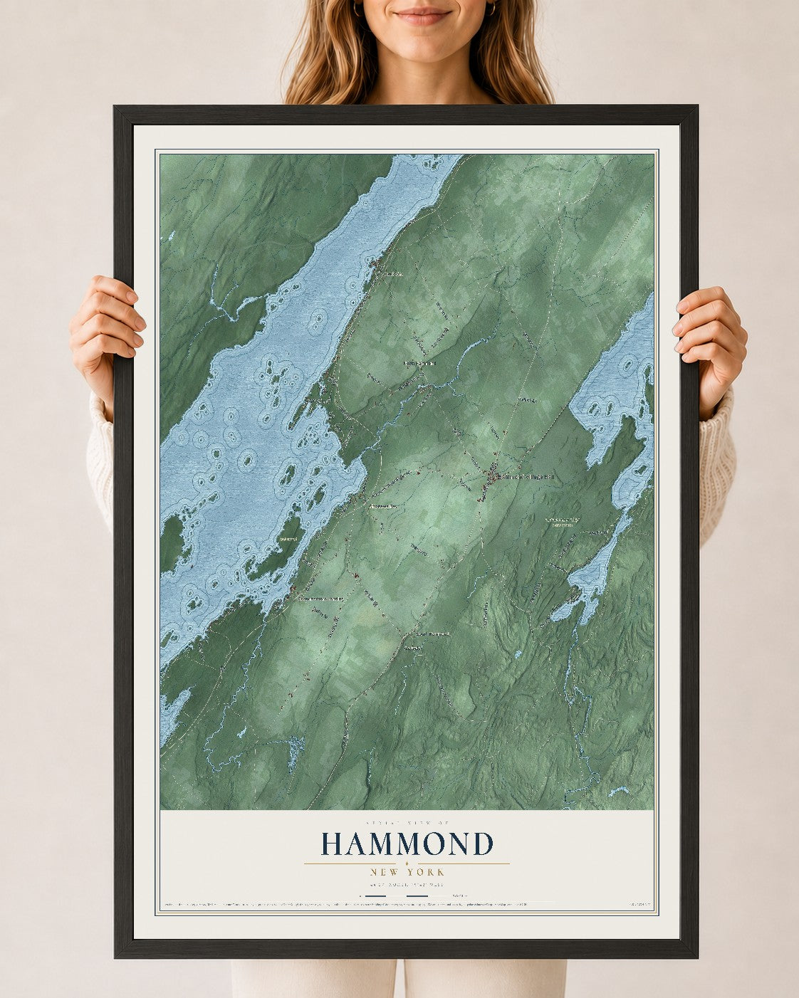 Hammond, New York map print, 24" x 36" W/ Black Ayous Wood Frame mockup
