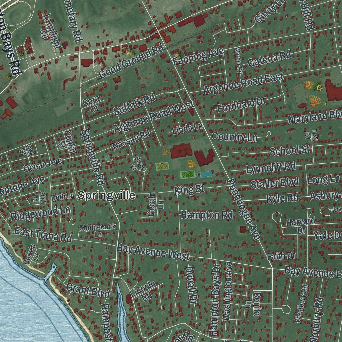 Close-up 1 of the Hampton Bays, New York map artwork