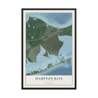 Hampton Bays, New York map print, 12" x 18" W/ Black Ayous Wood Frame mockup