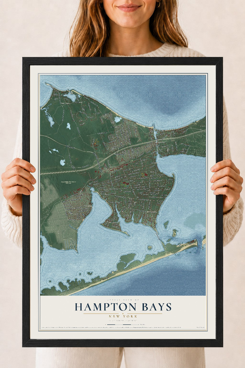 Hampton Bays, New York map print, 18" x 24" W/ Black Ayous Wood Frame mockup
