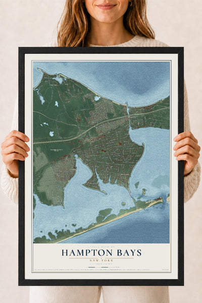 Hampton Bays, New York map print, 18" x 24" W/ Black Ayous Wood Frame mockup
