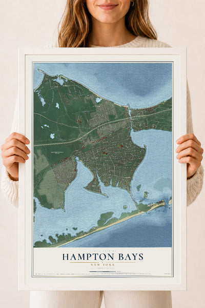 Hampton Bays, New York map print, 18" x 24" W/ White Ayous Wood Frame mockup
