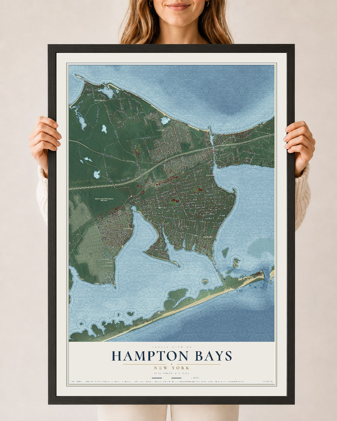 Hampton Bays, New York map print, 24" x 36" W/ Black Ayous Wood Frame mockup